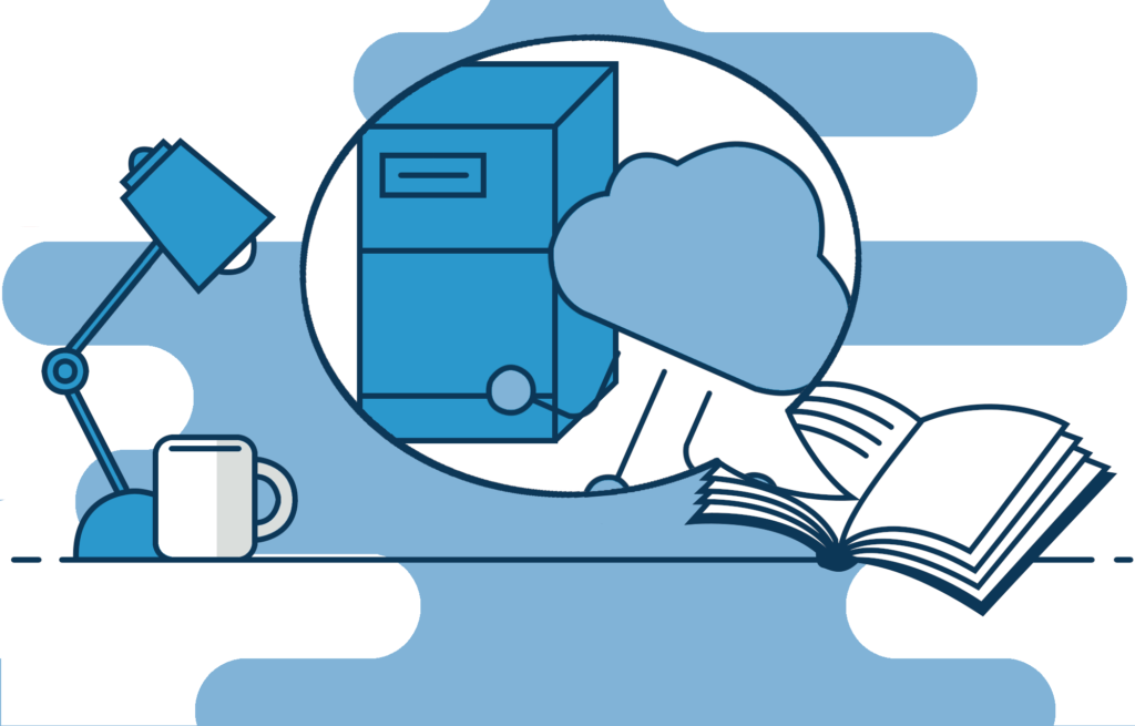 Book with a speech bubble coming from the pages containing an icon of a server and an icon of a cloud.